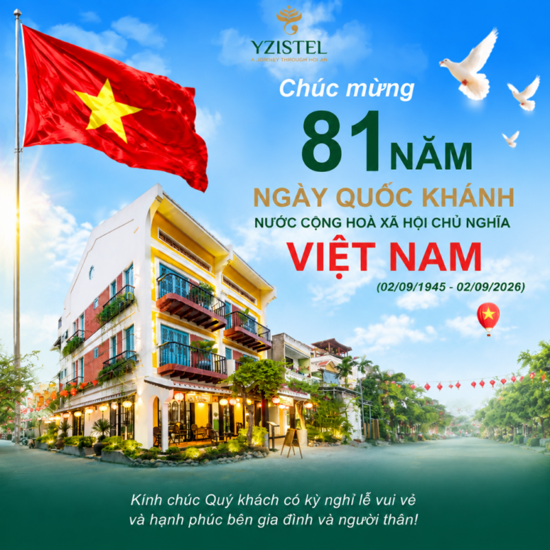 khách sạn boutique Hội An, khách sạn trong phố cổ Hội An, khách sạn phong cách Đông Dương ở Hội An, khách sạn ở Hội An có quán cà phê, khách sạn ở Hội An gần Chùa Cầu, khách sạn trung tâm Hội An, khách sạn ở Hội An có ban công, khách sạn phong cách ở Hội An, trải nghiệm lưu trú độc đáo ở Hội An, chỗ ở boutique tốt nhất tại Hội An, Quốc khánh 02/09, Yzistel Hoi An, kỳ nghỉ lễ 02/09
