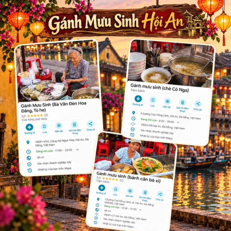 chè Cô Nga, Gánh Mưu Sinh Hội An, bánh căn Bà Xi, Gánh đèn hoa đăng, Yzistel Hoi An